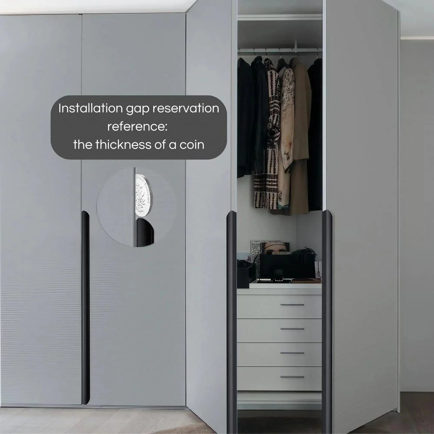 Matte black long cabinet edge pulls on the wardrobe