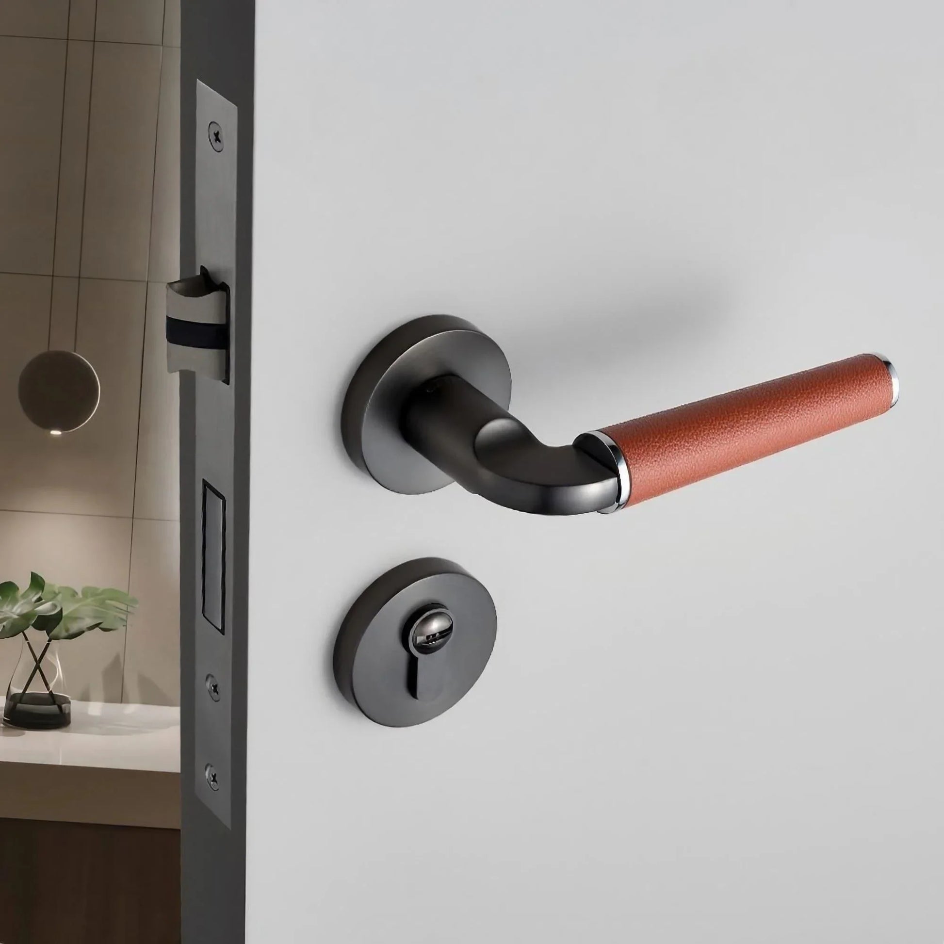 Light Luxury Leather Door Lock Handles Brushed Black Nickel - KAHO Hardware