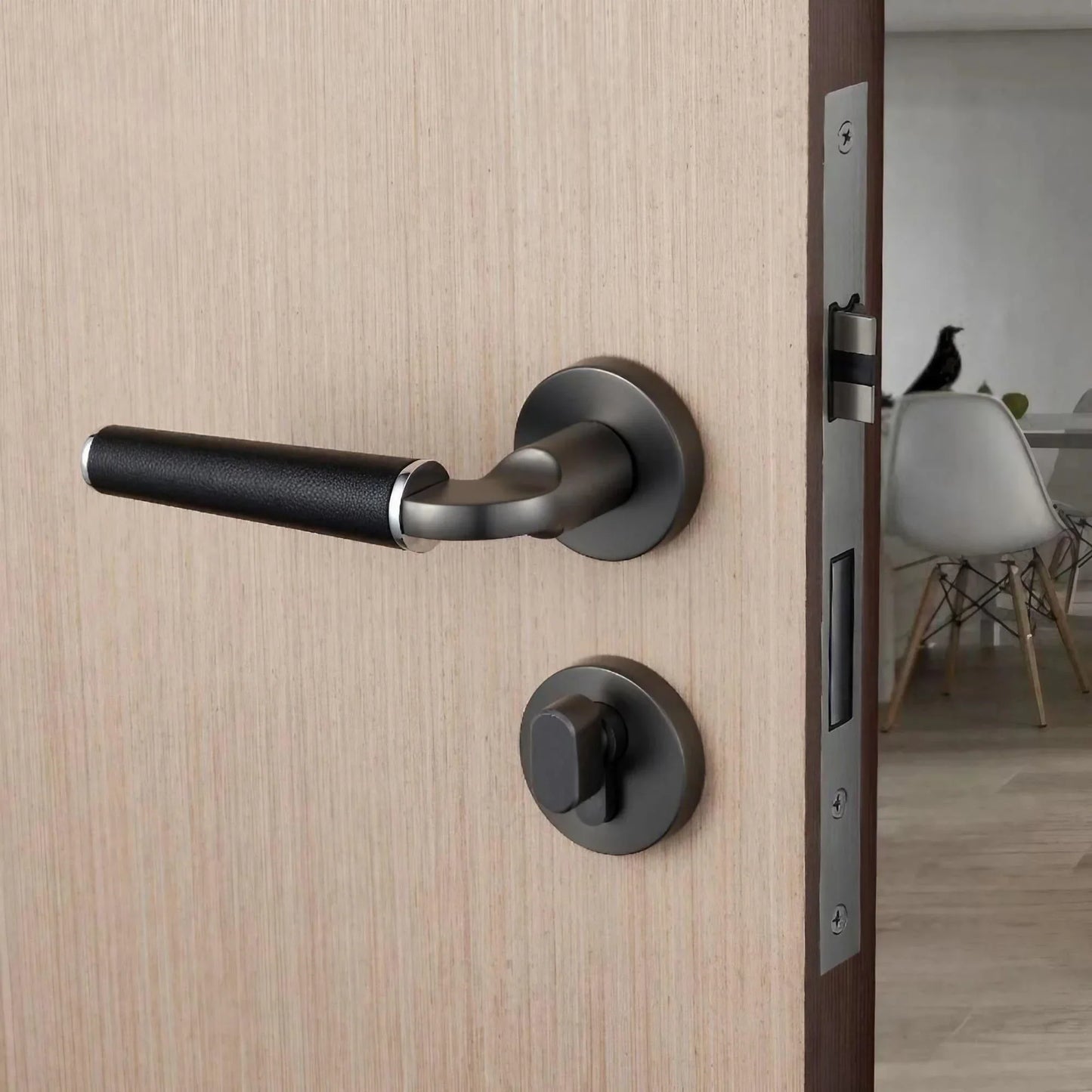 Light Luxury Leather Door Lock Handles Brushed Black Nickel - KAHO Hardware