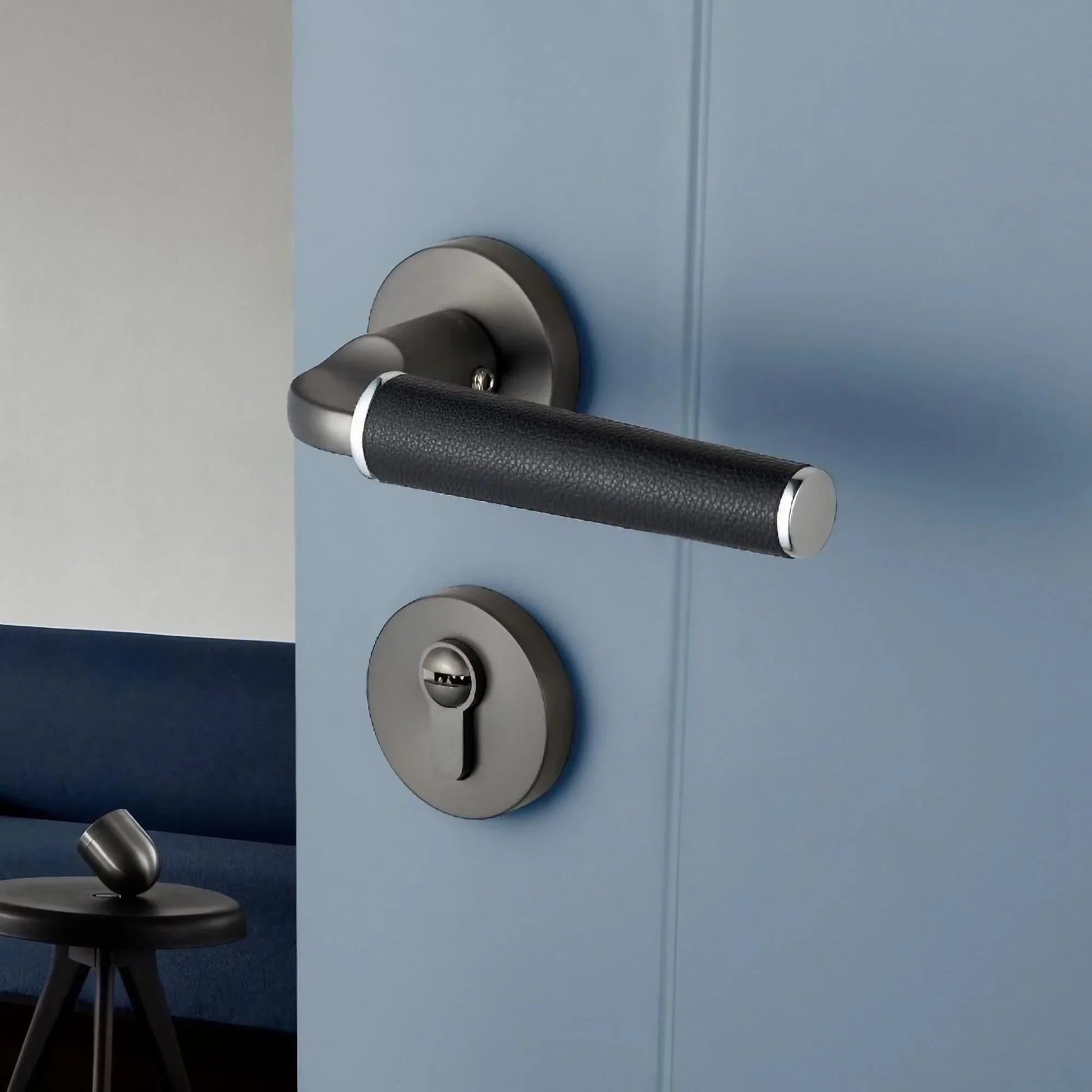 Light Luxury Leather Door Lock Handles Brushed Black Nickel - KAHO Hardware
