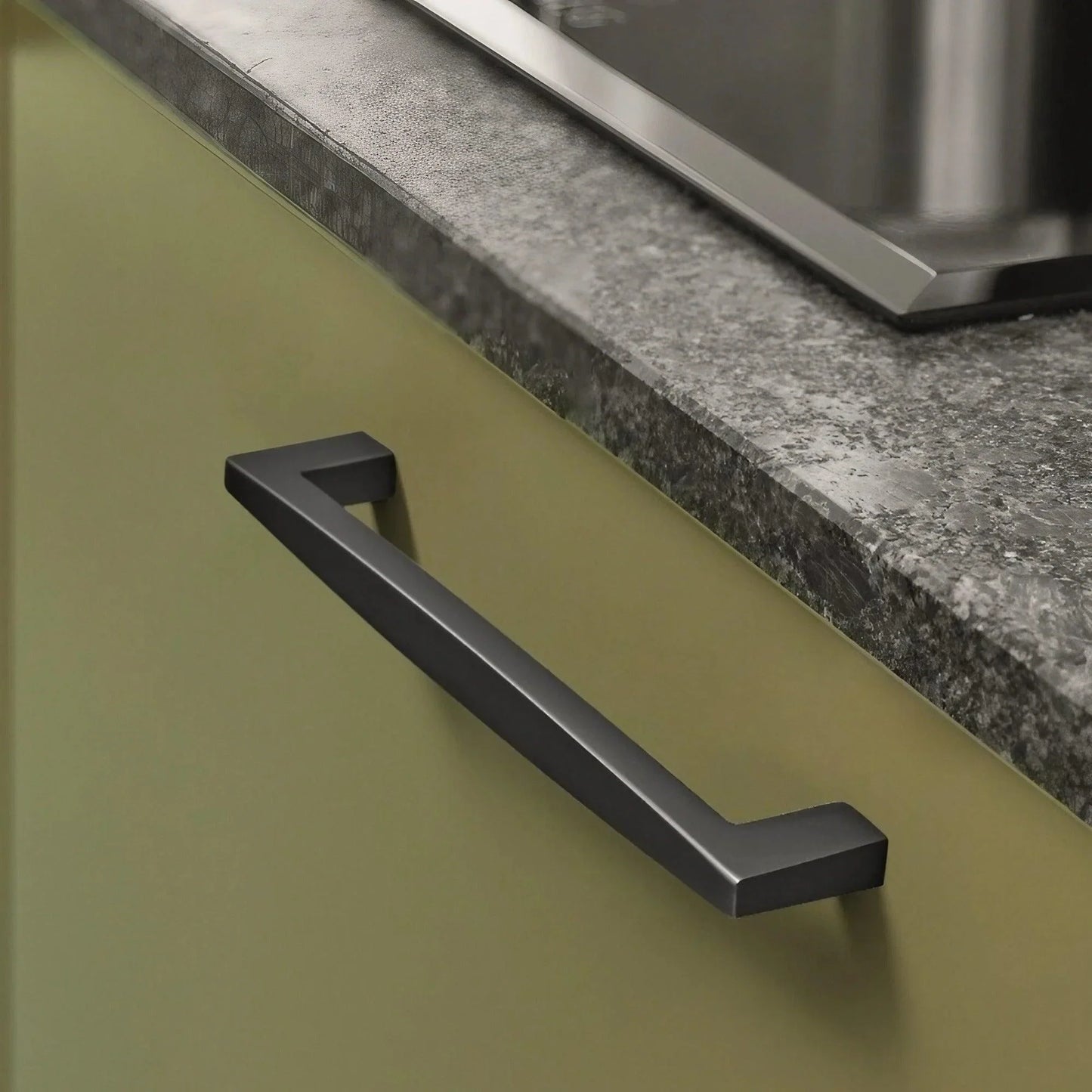 Matte Pearl Black Nickel kitchen cabinet handles installed on contemporary kitchen drawers