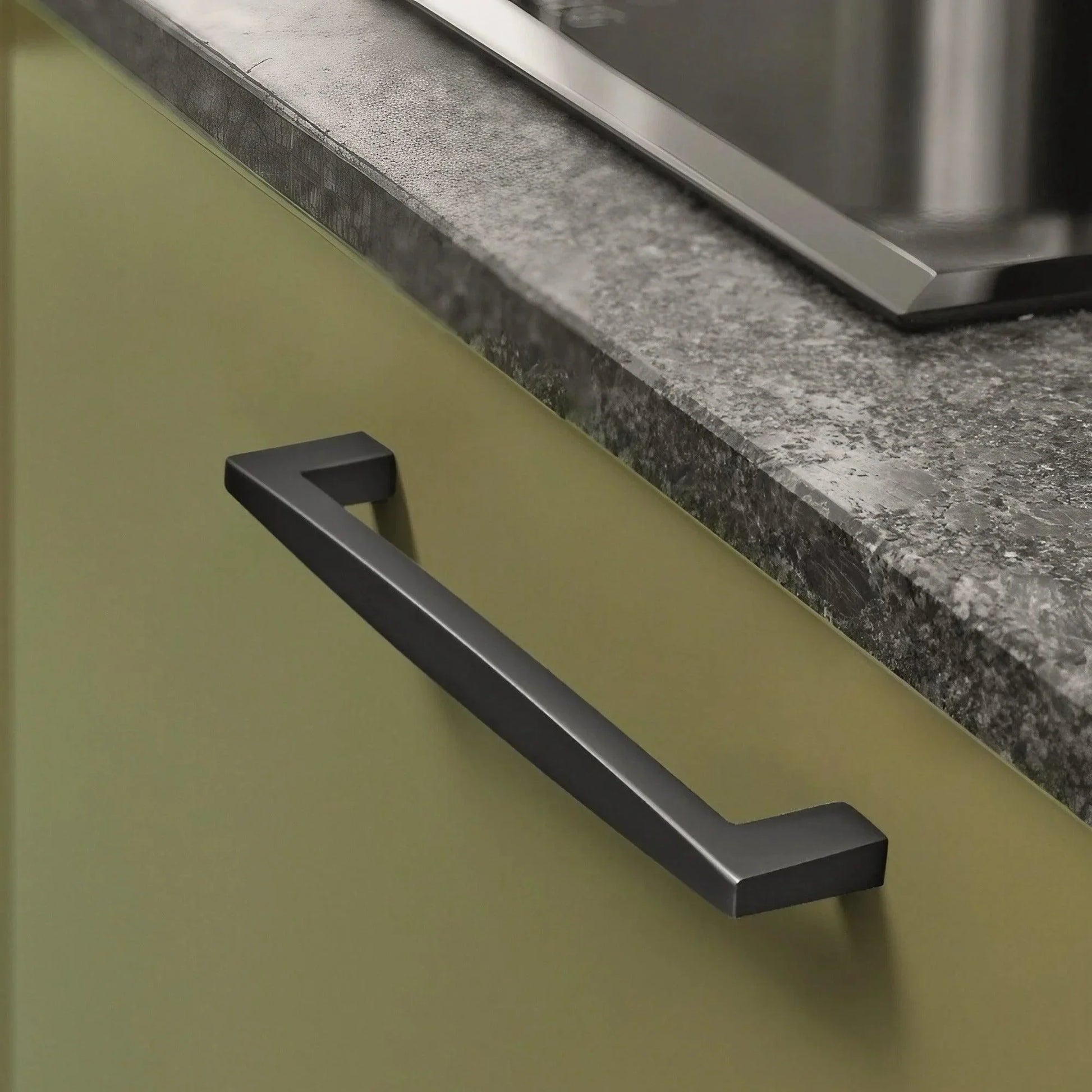 Matte Pearl Black Nickel kitchen cabinet handles installed on contemporary kitchen drawers