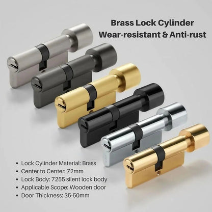 High-security brass lock cylinder used in silent interior bedroom door handles