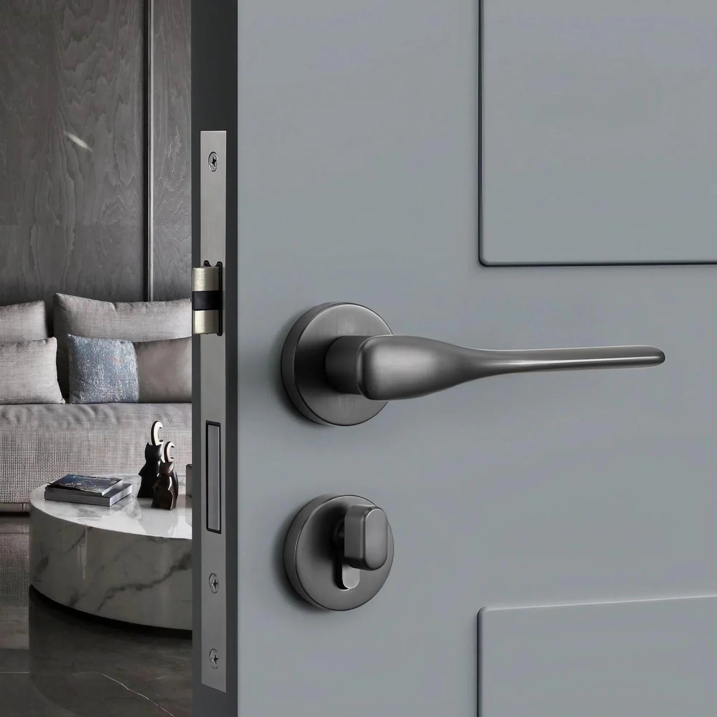 Brushed black nickel bedroom door handle with silent lock