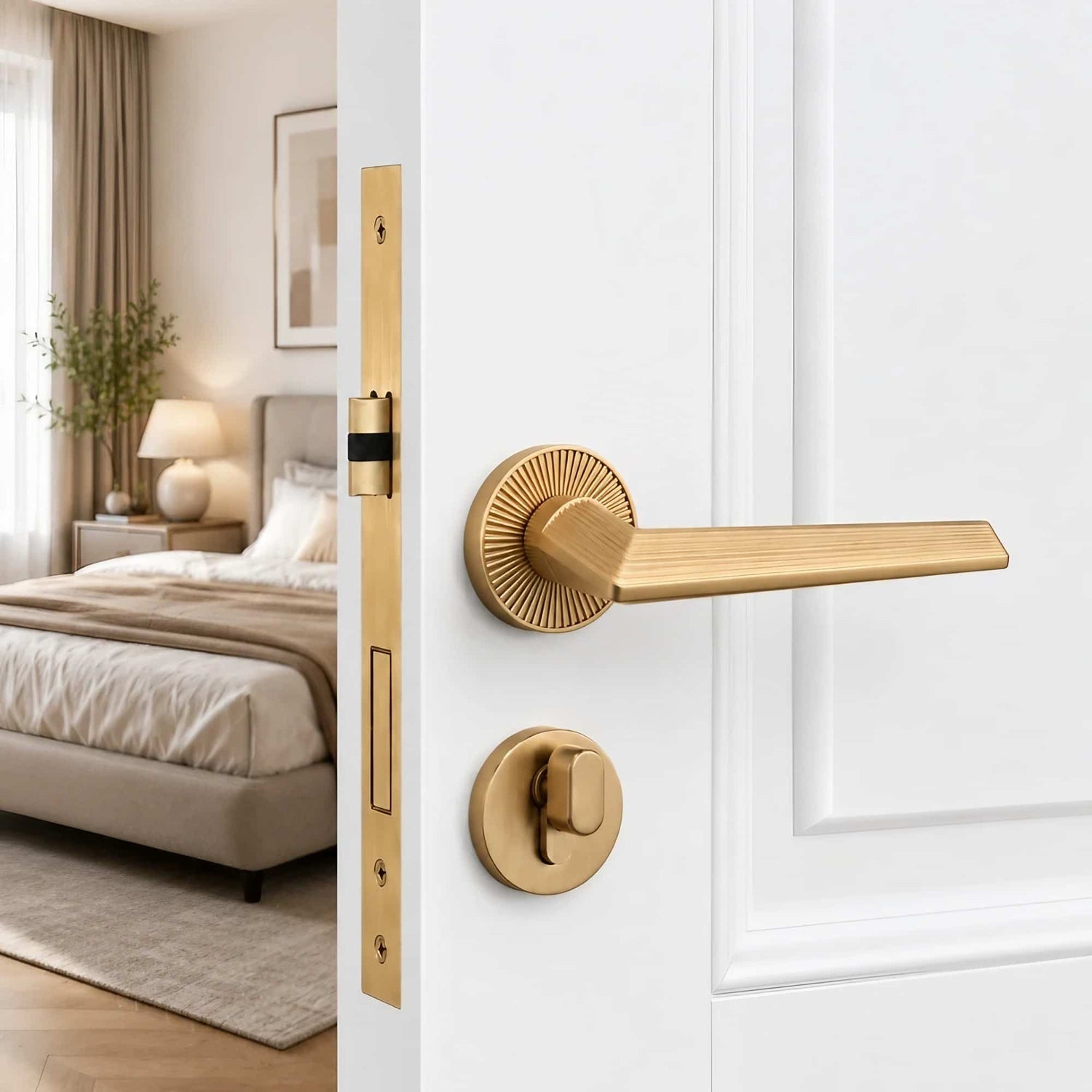 Luxury ribbed interior lever door handle in brushed brass finish installed on modern interior door