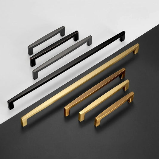 Minimalist kitchen cabinet handles available in Brushed Brass, Red Bronze, Brushed Gold and Matte Pearl Black Nickel finishes