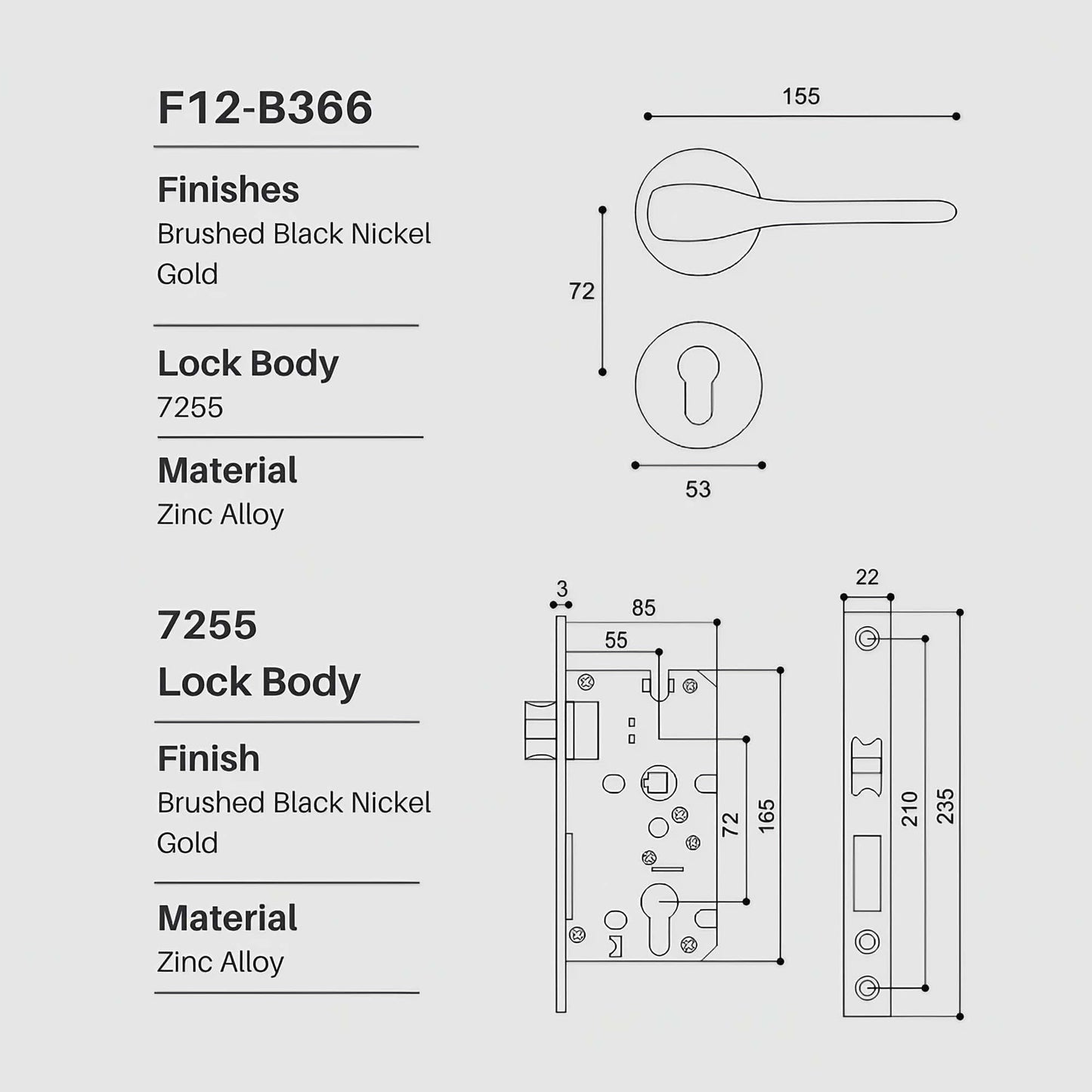 Technical specification diagram showing dimensions, materials, lock body, finishes, and installation compatibility for a silent bedroom door handle