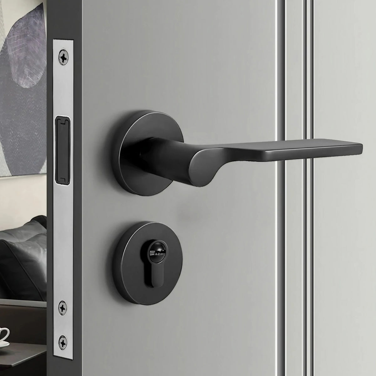 Modern keyed interior door handle installed on a contemporary door