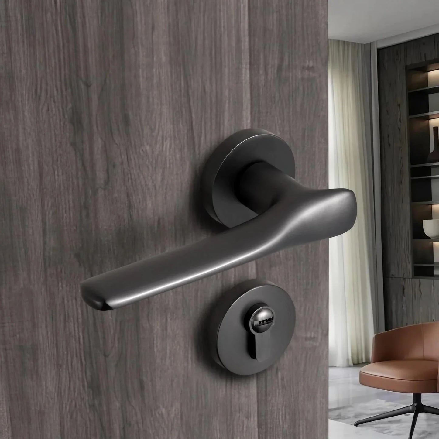 Brushed black nickel modern interior door handle with lock installed on wooden bedroom door